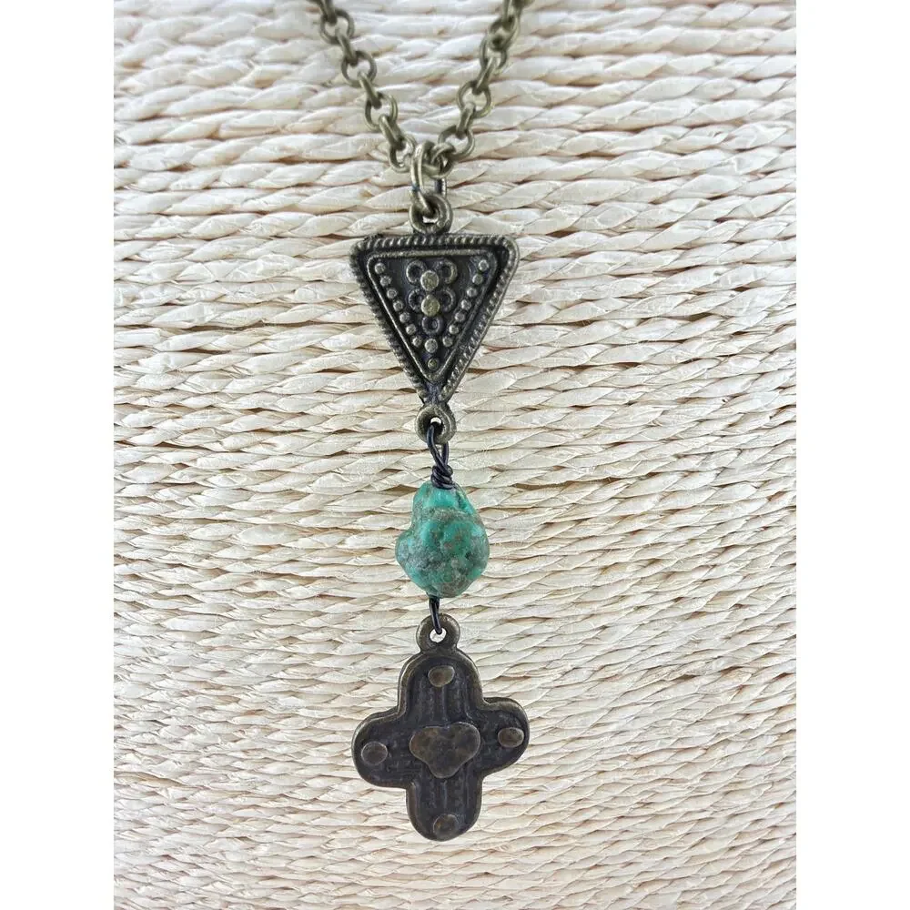 Handcrafted Artisan Made Ethiopian  Coptic Cross Pendant Necklace with Turquoise